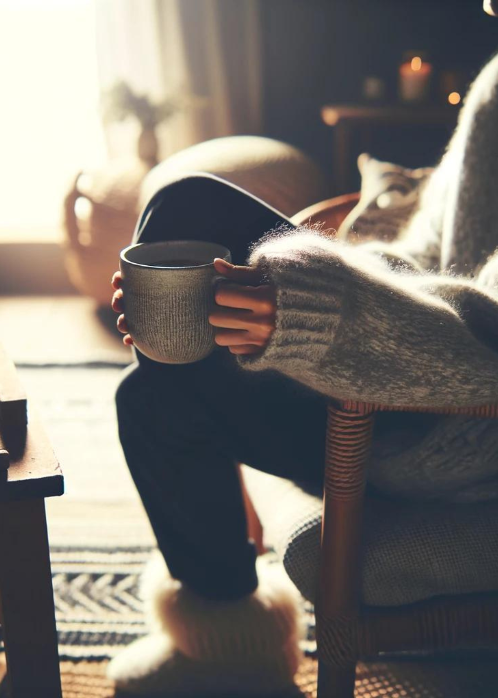 Woman in a cozy sweater holding a mug of coffee.