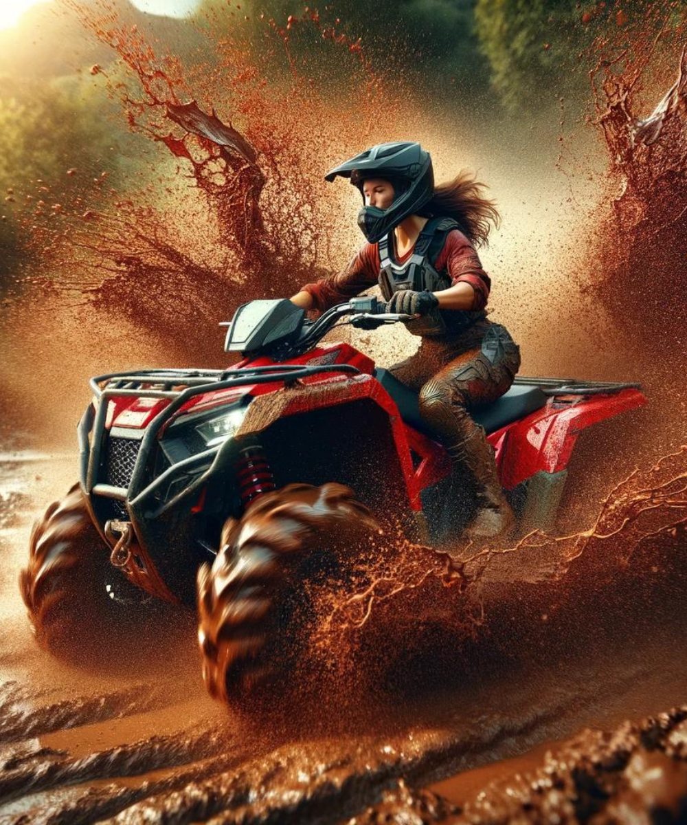 Woman enjoying a thrilling mud ride on a red four-wheeler.