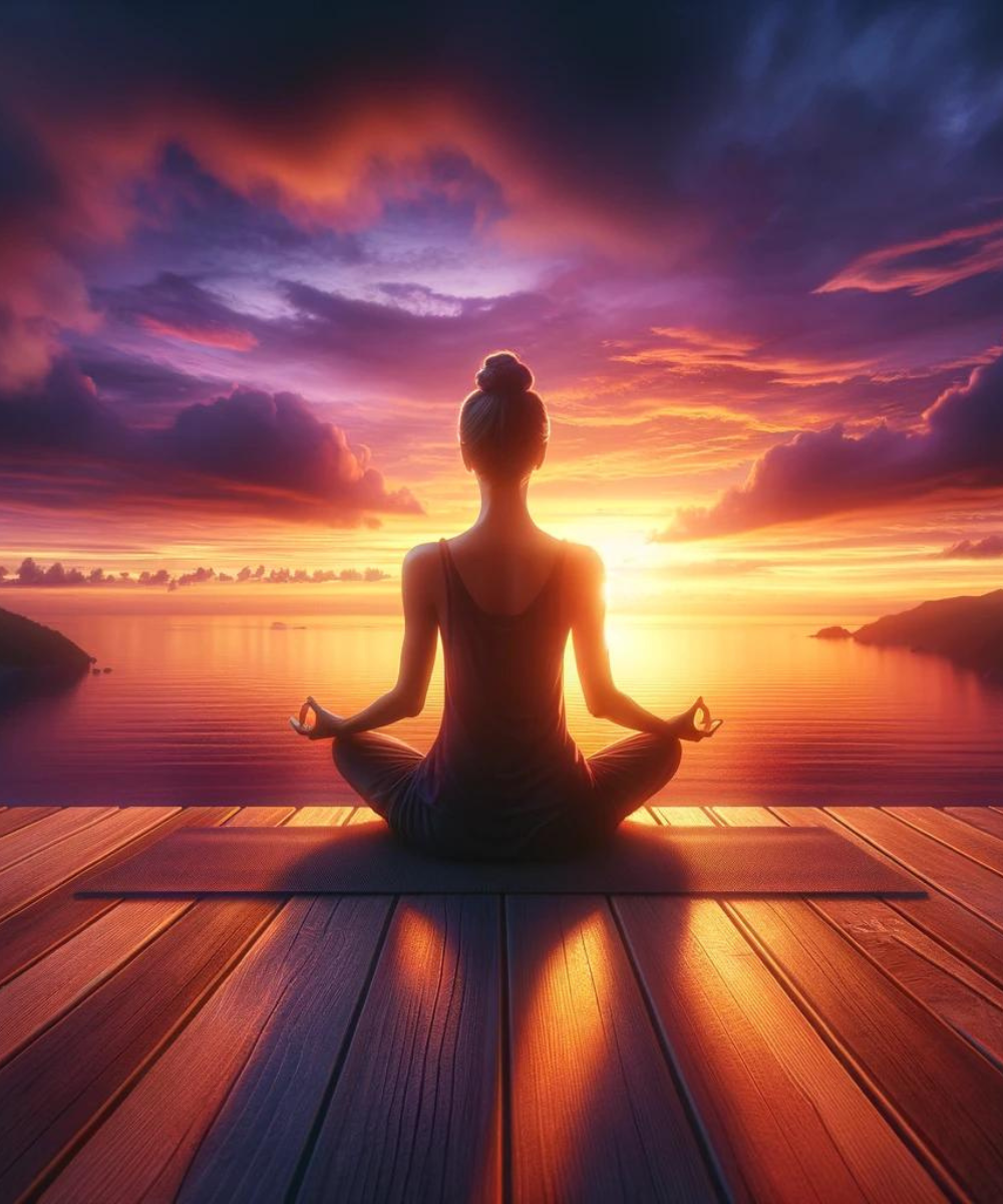 Woman practicing a seated yoga pose on a mat, bathed in the warm glow of a sunset.